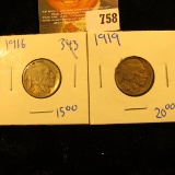 1916 And 1919 Buffalo Nickels With Full Horns