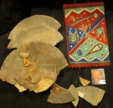 Large Group of Native American Pottery Shards & Old tobacco Flannel with Indian Motif