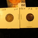 1863 Copper-nickel & 1864 Bronze Pointed Bust (L) U.S. Indian Head Cents.