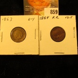 1863 Copper-nickel & 1864 Bronze Round Bust U.S. Indian Head Cents.