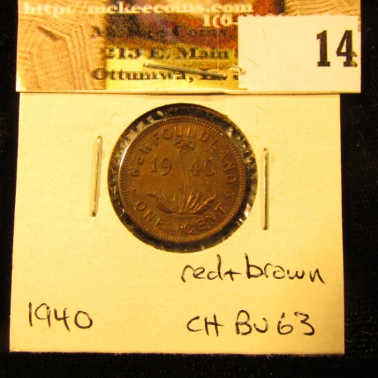1940 Newfoundland Cent, Choice BU 63, mostly brown.