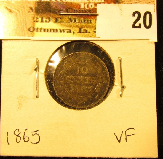 1865 Newfoundland Silver Dime, VF.