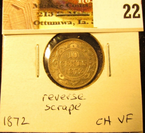 1872H Newfoundland Silver Dime, Choice VF, reverse scrape.
