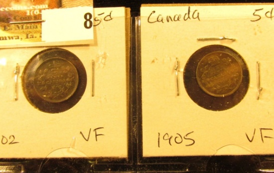 Lot of Canada Five Cents Silvers: 1902 & 1905 both grading VF.