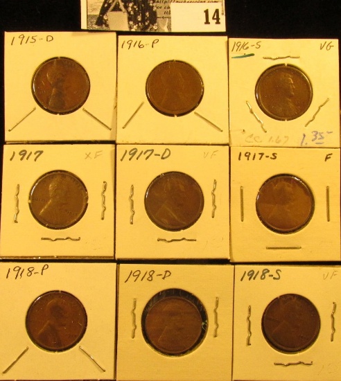 1915D VG, 16P G+, 16S VG, 17P EF, 17D VF, 17S Fine, 18P Good, 18D Fine, & 18S VF  U.S. Lincoln Cents