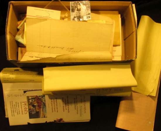 Box full of labels "Chloroform Liniment, U.S.P. Poison Caution"; leather cover for small book; busin