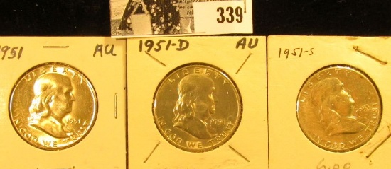 1951 P, D, & S Franklin Silver Half Dollars, VF-AU.