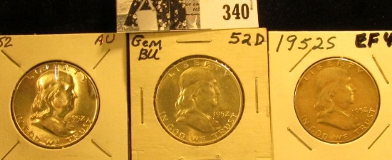 1952 P, D, & S Franklin Silver Half Dollars, EF-Gem BU.