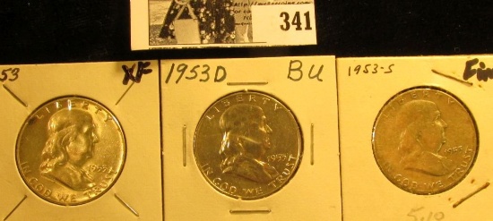 1953 P, D, & S Franklin Silver Half Dollars, F-AU.