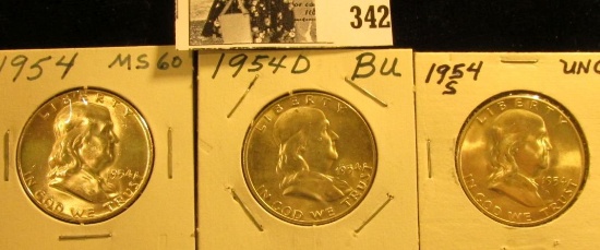 1954 P, D, & S Franklin Silver Half Dollars, all BU to Gem BU.