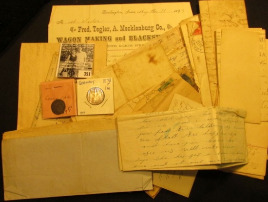 Group of Old letters, envelopes, and invoices dating back to 1856; early German States Silver Coin;