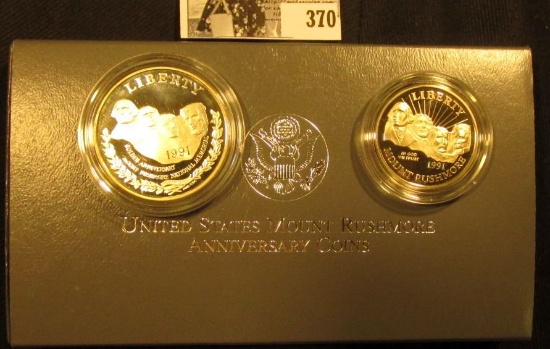 1991 Two-Coin Proof Set Mount Rushmore Anniversary Coins in original box of issue with COA.