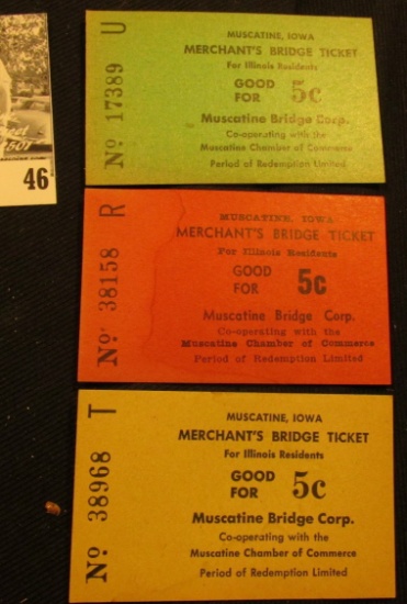 (3) Different "Muscatine, Iowa Merchant's Bridge Ticket For Illinois Residents Good For 5c" Scrip.