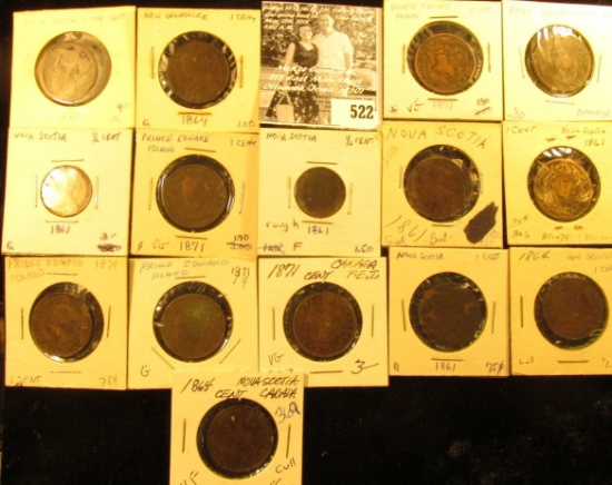 Lot of (15) Canada Maritime coppers (2) 1861 Nova Scotia Half Cents, & (4) Nova Scotia Cents, (5) 18