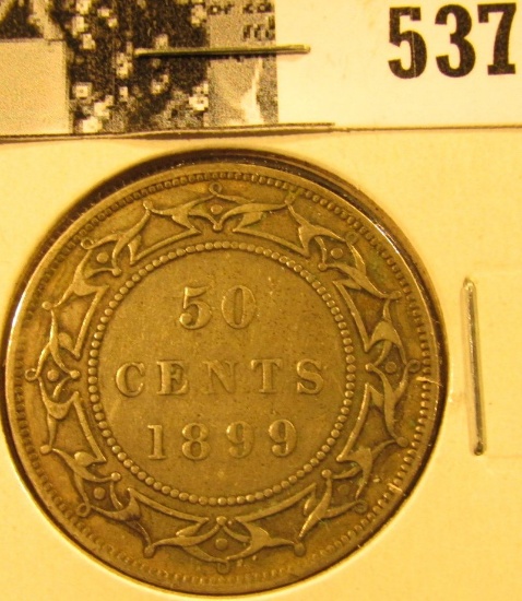 1899 Newfoundland Silver Half Dollar, narrow nines variety, VF.
