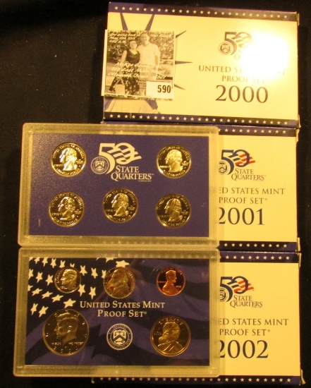2000 S, 2001 S, & 2002 S U.S. Proof Sets, Original as issued.