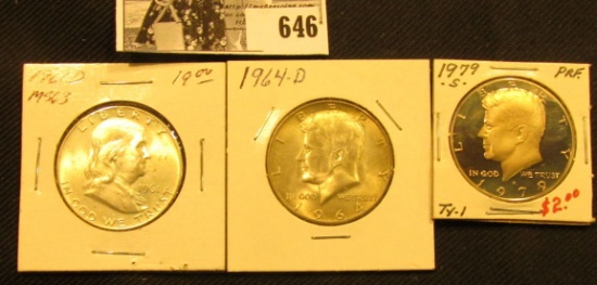 1961 D Franklin Half Dollar, BU; 1964 D BU & 1979 S Proof Kennedy Half Dollars.