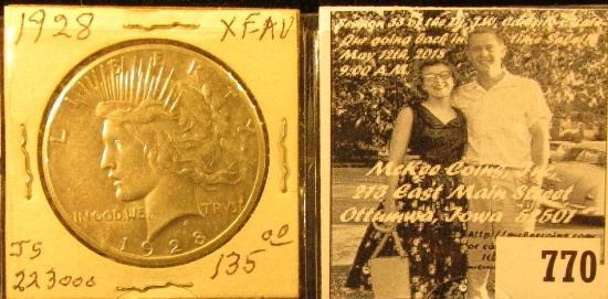 1928 P U.S. Silver Peace Dollar, EF-AU.