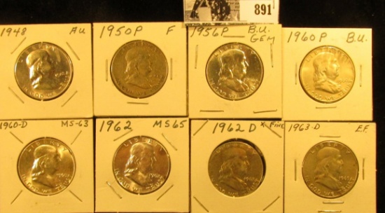 1948 P AU, 50 P Fine, 56 P BU, 60 P BU, D BU, 62 P BU, 62 D EF, & 63 D EF Franklin Half Dollars.