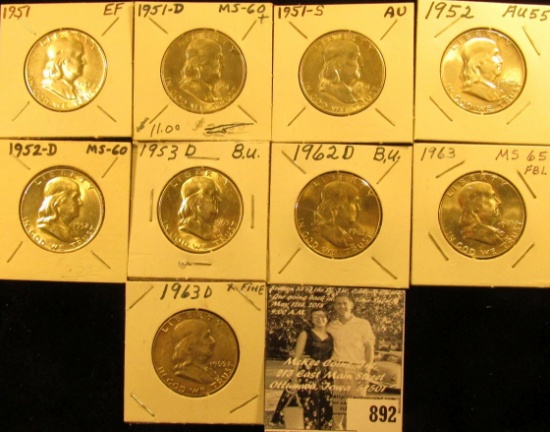 1951P, D, S, 52P, D, 53D, 62D, 63P & D Franklin Half Dollars. All EF-BU.