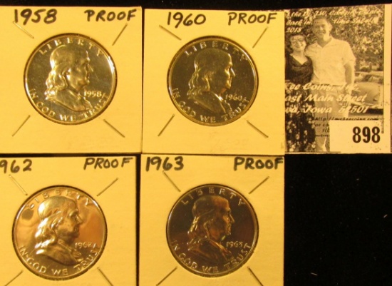 1958 P, 60 P, 62 P, & 63 P Franklin Half Dollars. All Gem Proofs.