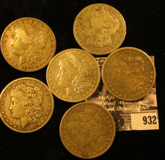 1881 S Fine, 82 P Fine, 91 O VG, 1900 O VF, 1901 O VG, & 01 S VG U.S. Morgan Silver Dollars.