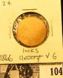 1866 U.S. Two Cent Piece, VG, appears cleaned.