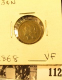 1868 U.S. Three Cent Nickel, Very Fine.