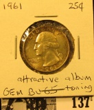 1961 P Silver Washington Quarter, Gem BU 65 with attractive album toning.