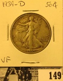 1939 D U.S. Silver Walking Liberty Half Dollar, Very Fine.
