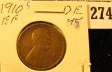 1910 S U.S. Wheat back Cent, EF.