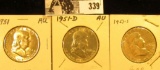 1951 P, D, & S Franklin Silver Half Dollars, VF-AU.