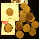 1883 With Cents, 1884, (3) 1890, 1891, (2) 1895, & (11) 1907 Liberty Nickels. Average circulated.