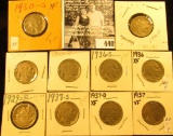 1929P, D, S, 30S, 36P, D, S, 37P, D, & S Buffalo Nickels,  all carded with grades up to VF-EF.