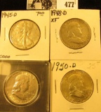 1945 D VF, 48 D EF, 49 D EF, & 50 D AU U.S. Silver Half Dollars. All carded and ready for sale.