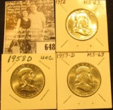 1956 P, 58 D, & 59 D Franklin Half Dollars, all BU.