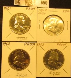 1961 P, 62 P, & 63 P Proof & 1961 D BU Franklin Half Dollars.