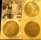 1921 P, D, & S U.S. Silver Morgan Dollars, AU-BU.