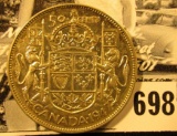 1947 Maple Leaf Canada Silver Half-Dollar, Straight 7 variety. EF.