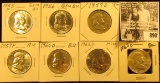 1955 P BU, 56 P BU, 57 D Fine, 59 P AU, 60 D AU, 62 D BU, & 63 D BU Franklin Half Dollars.