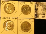 1955 P, 56 P, 57 D, & 63 D  Franklin Half Dollars, all BU.