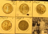 1940P EF, 41D AU, 42P EF, 43P Fine, & 45P Fine Walking Liberty Half Dollars.