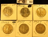 1940S VF, 41D VF, 42P AU, 42D Good, 43P Fine, & 45P Fine Walking Liberty Half Dollars.