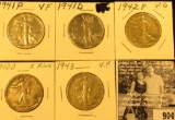 1941P, D, 42P, D, & 43P World War II era Walking Liberty Half Dollars, All VG-VF. (5 pcs.).