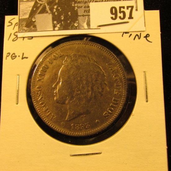957 . 1893 PG-L Spain Silver Five Pesetas, Fine.