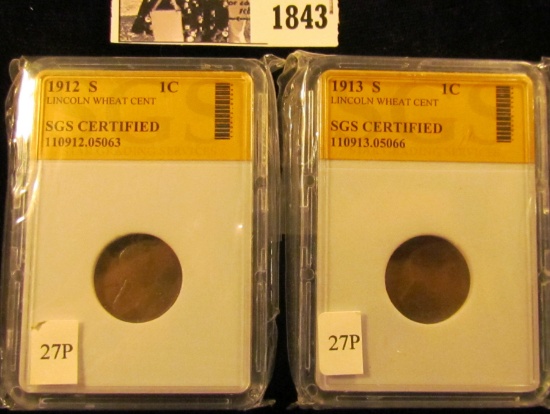 1843 . Pair of SGS Certified Lincoln Cents: 1912 S & 1913 S.