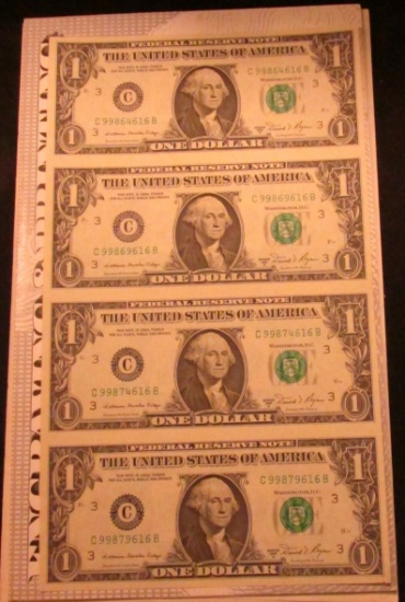 Lot 1855 Series 1981 Four Note Uncut Sheet of $1.00 Federal Reserve Notes. Crisp Unc