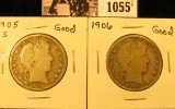 1055 . 1905 S & 1906 P U.S. Barber Half Dollar, Good.