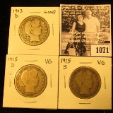 1071 . 1913 D Good, 15 D VG, & S VG U.S. Barber Half Dollars.
