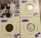 1211 . 1885 P Seated Dime, 1835 Holed And Plugged Bust Dime, & 1897 P Barber Dime